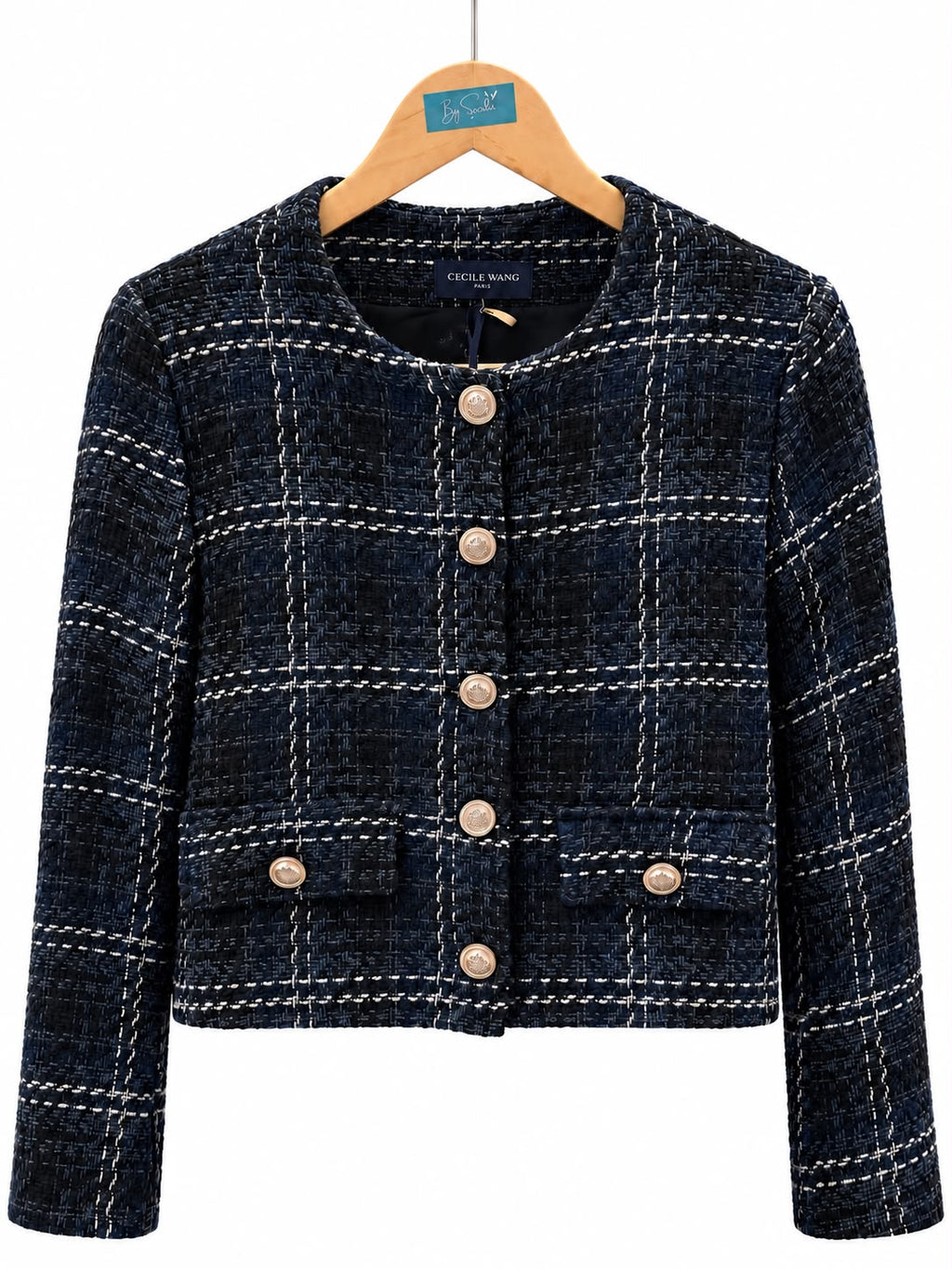 Veste en tweed bleu marine et écru à boutons bijoux