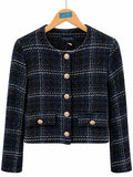 Veste en tweed bleu marine et écru à boutons bijoux