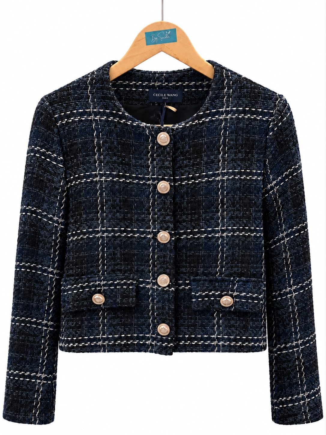 Veste en tweed bleu marine et écru à boutons bijoux