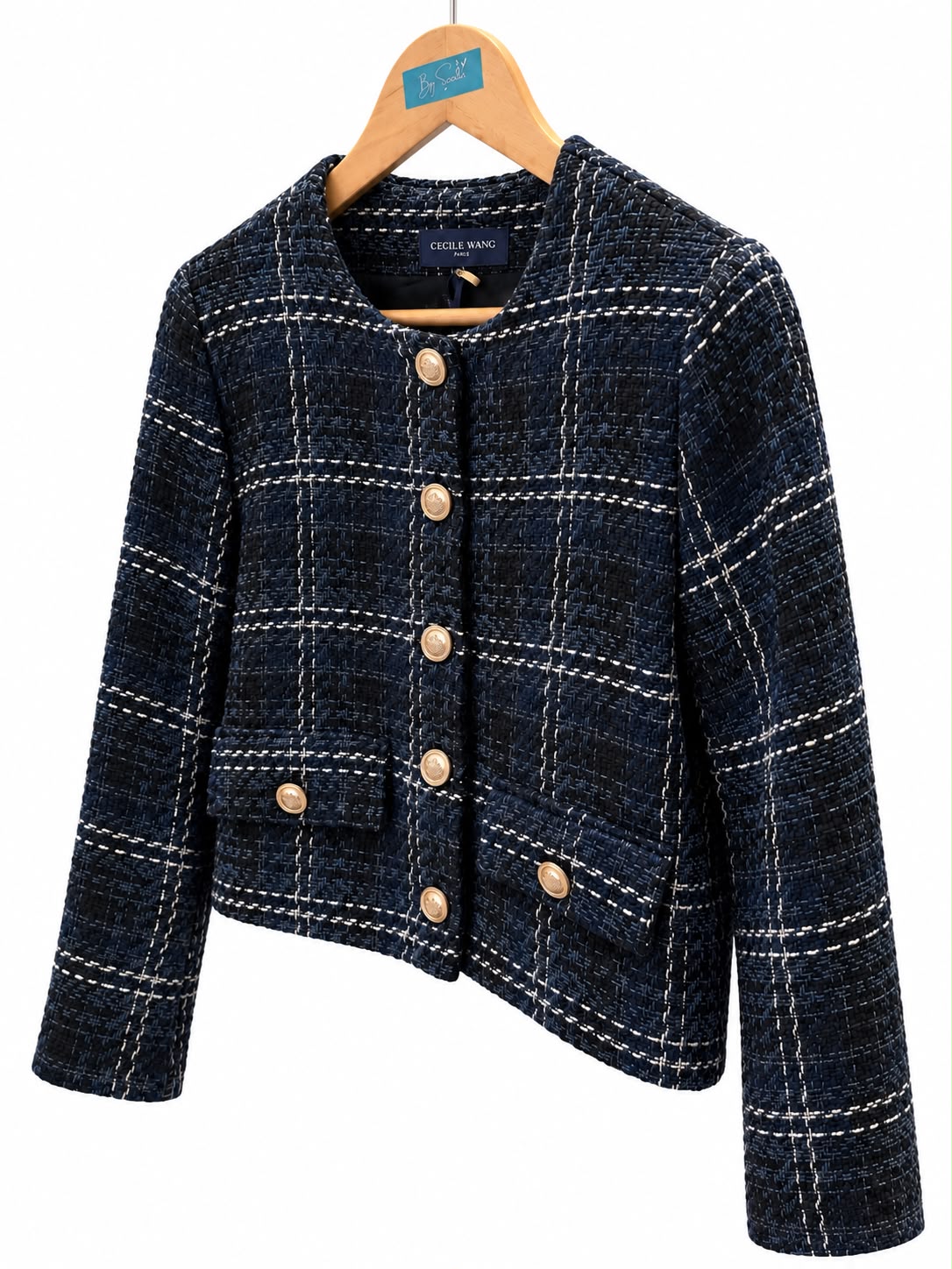 Veste en tweed bleu marine et écru à boutons bijoux