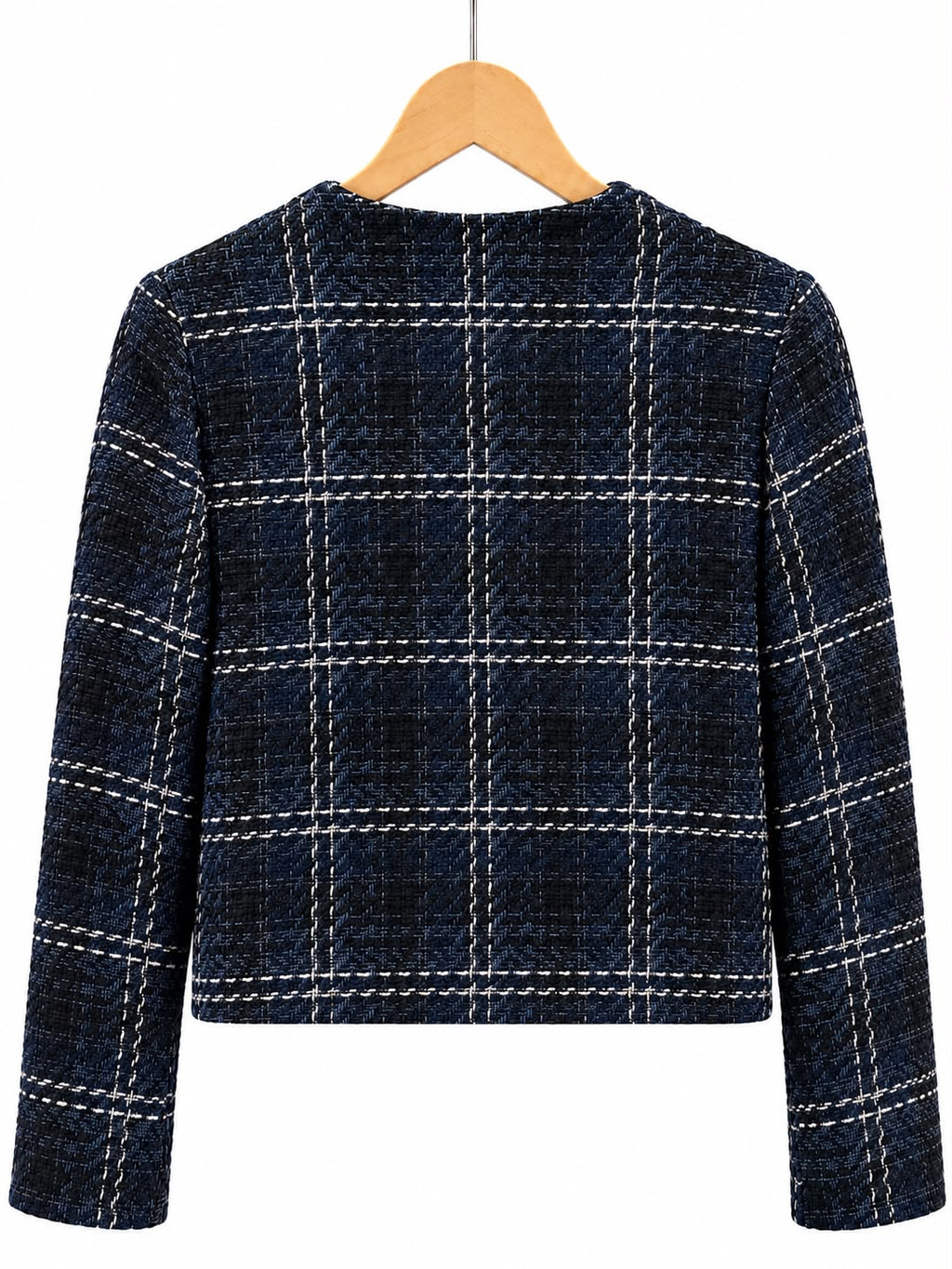 Veste en tweed bleu marine et écru à boutons bijoux