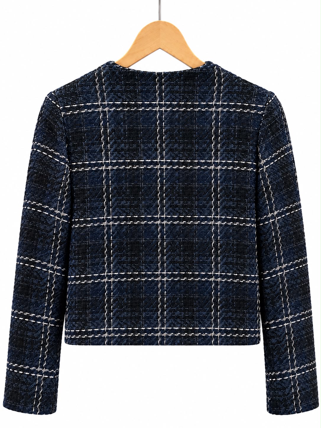 Veste en tweed bleu marine et écru à boutons bijoux