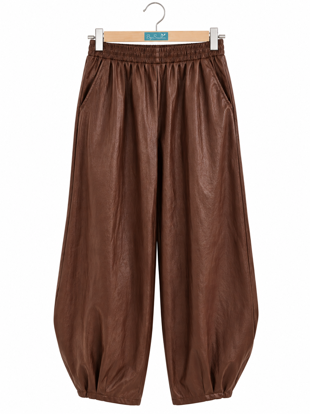 Pantalon marron en simili cuir coupe large