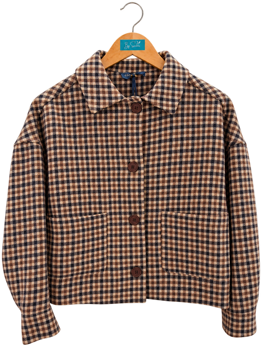 Veste courte à carreaux marron et écru