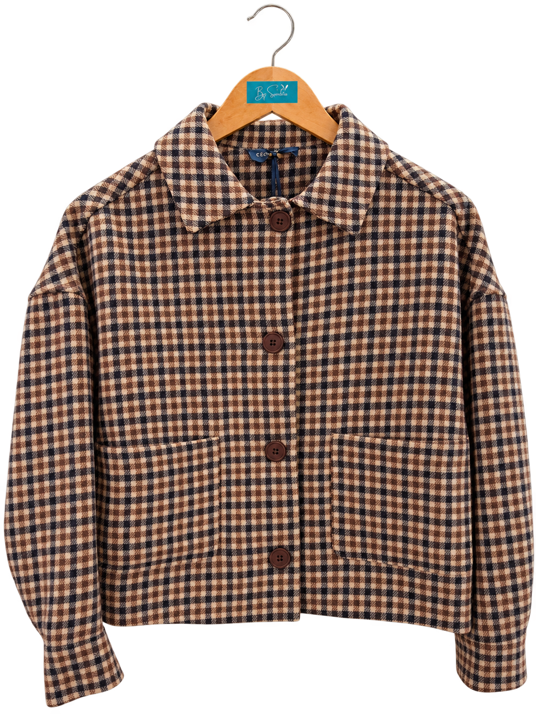 Veste courte à carreaux marron et écru