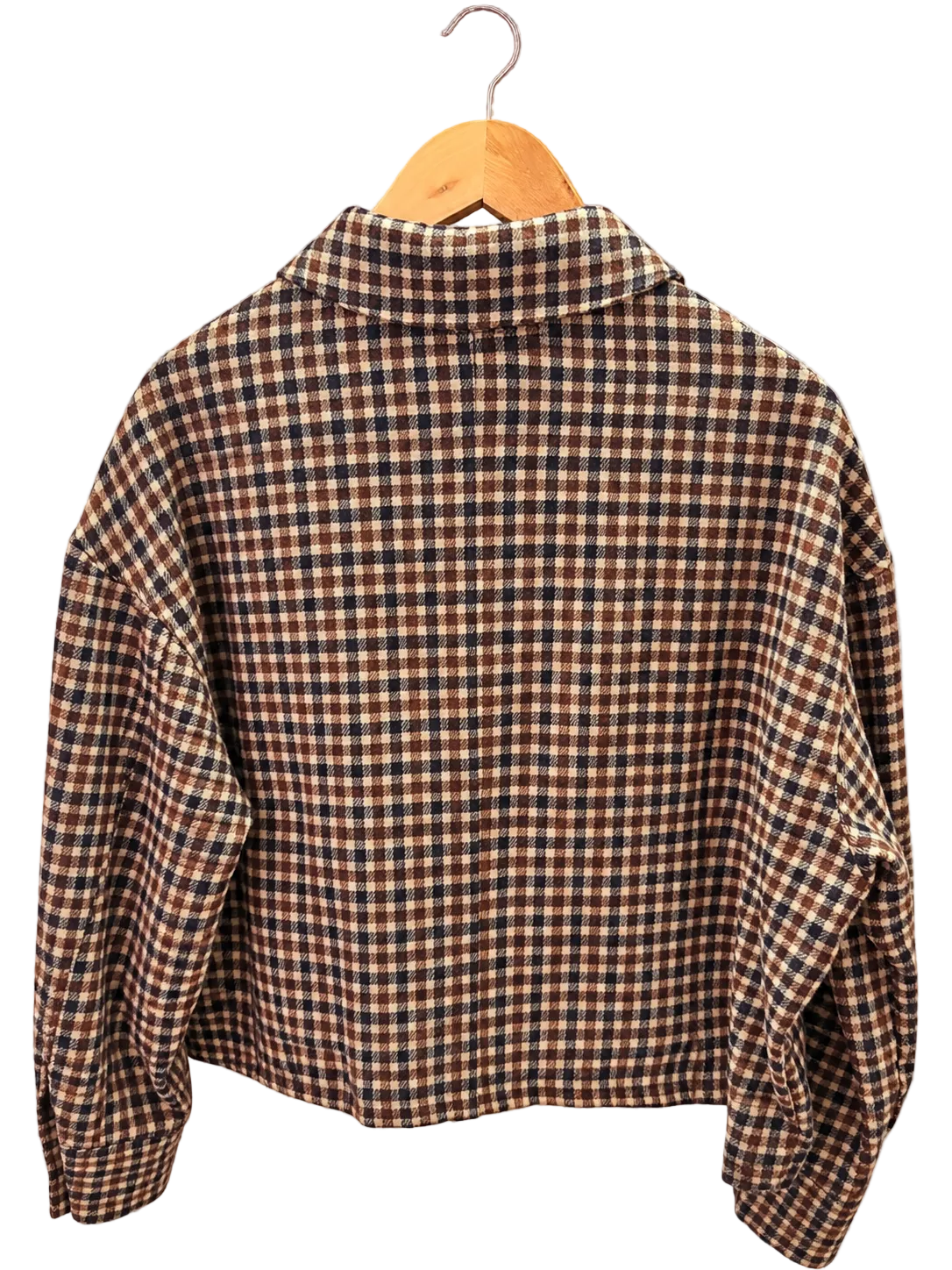 Veste courte à carreaux marron et écru